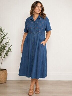 Bentley Plus Vintage Embroidered Denim Midi Dress | Floral Button Front | 18